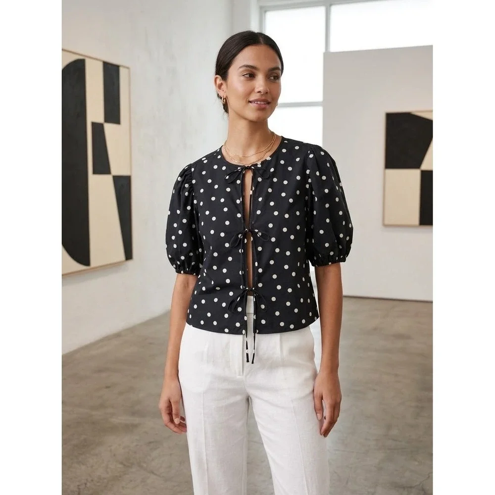 Abercrombie & Fitch Polka Dot Tie-Front Puff Sleeve Cotton Blouse Black Large